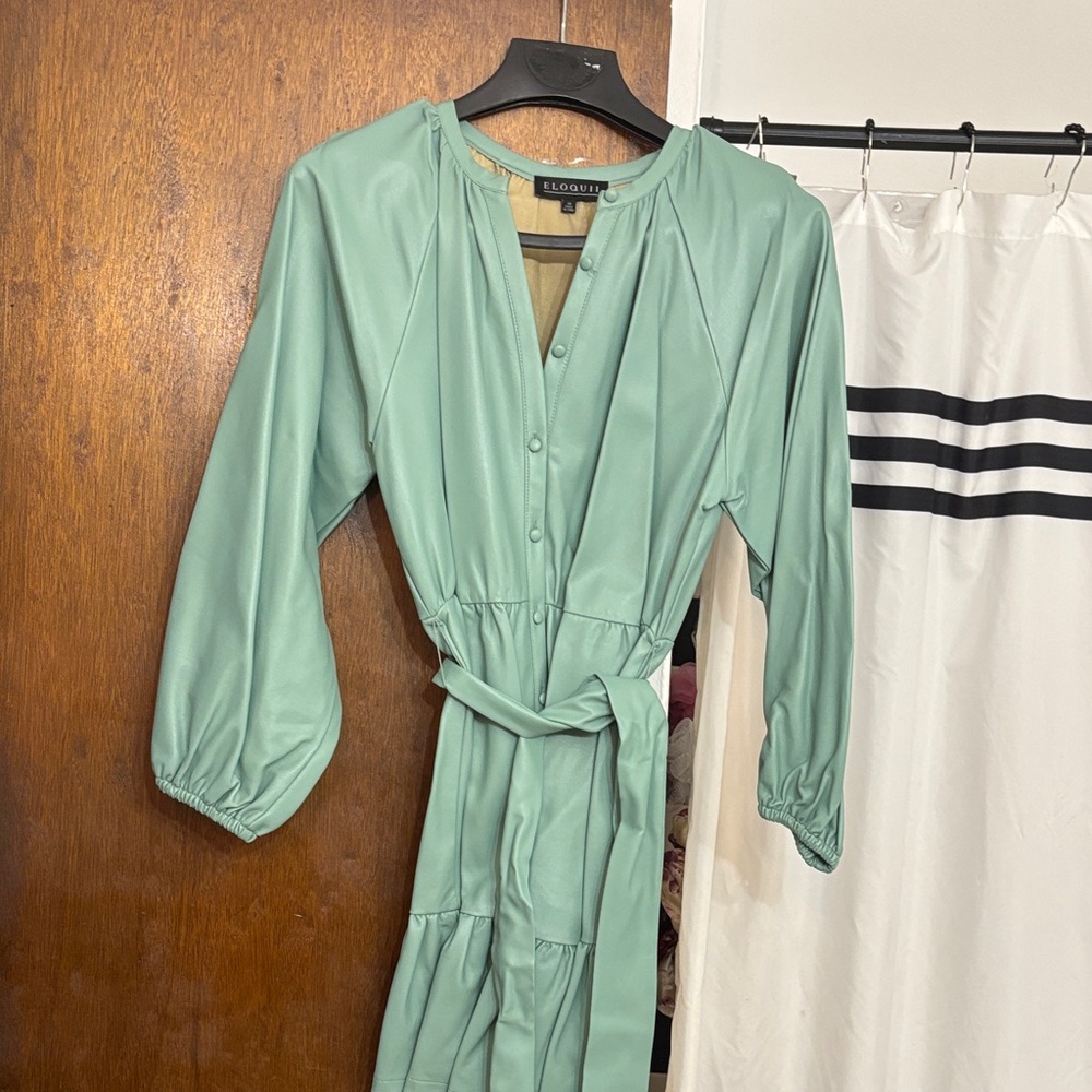 Eloquii Seafoam Button-Front Tie-Waist Long Sleeve Leather Dress